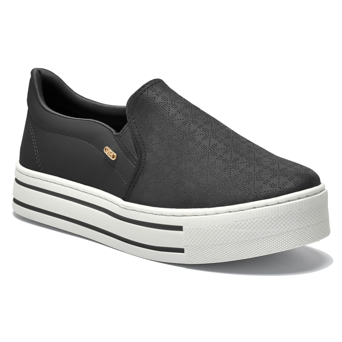 Tênis casual feminino preto com detalhes em branco vista frontal